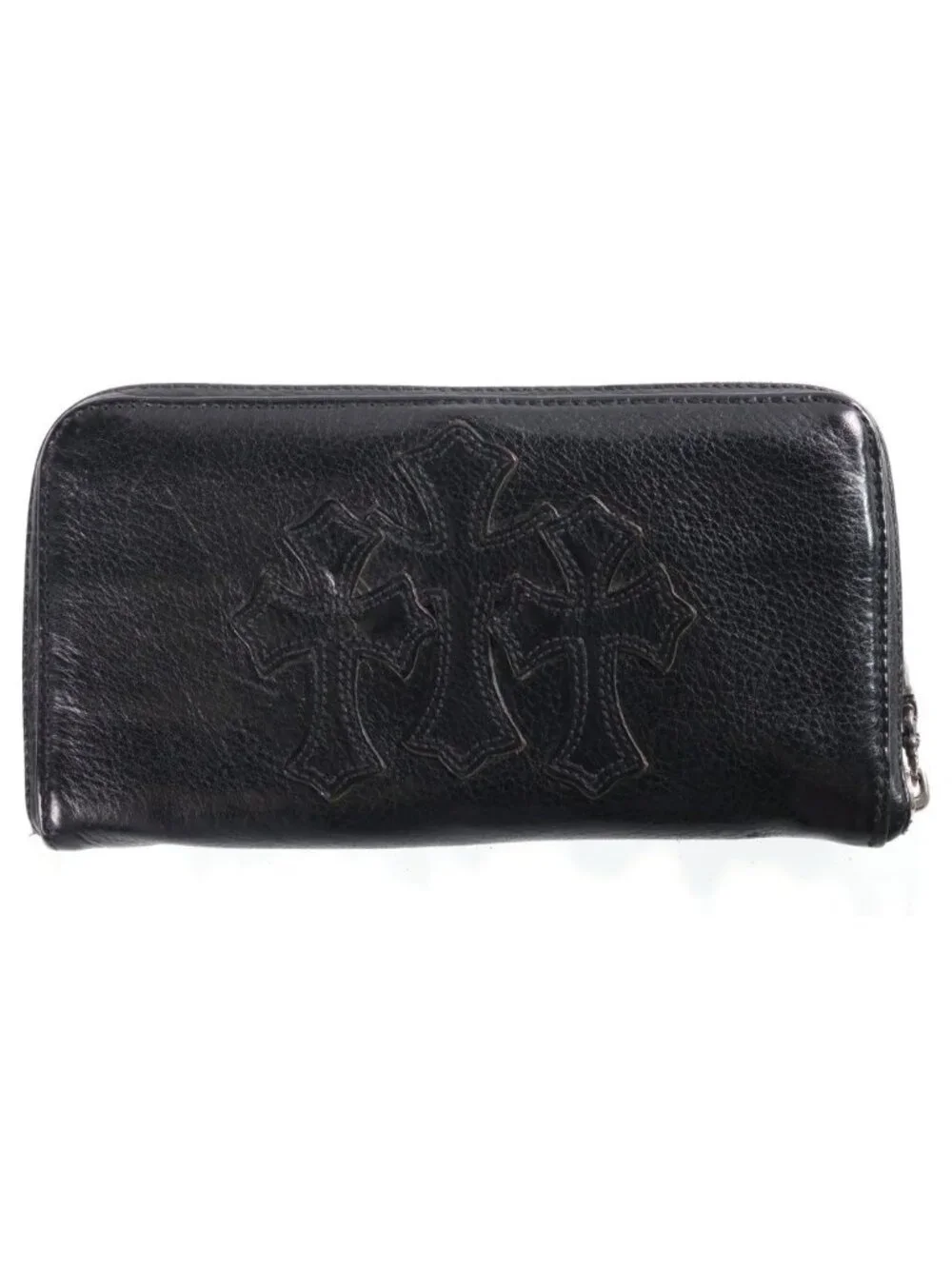 Chrome Hearts Rec Zip 3 Cross Round Zip Leather Wallet Black